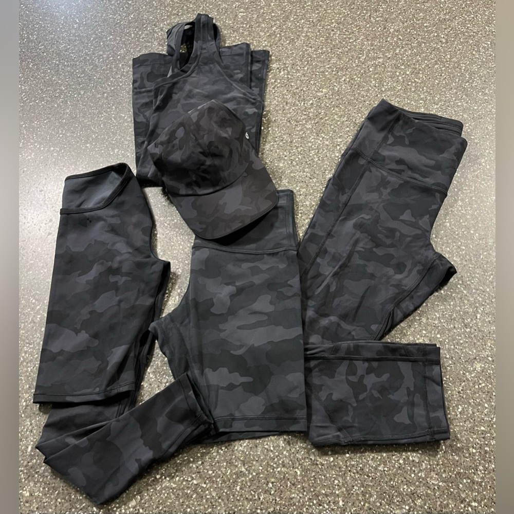 Lululemon 5 Piece Camouflage Activewear Set Bundle Hat Shorts Leggings Tank Top